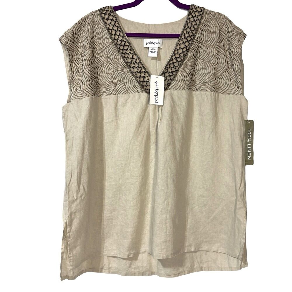 Peck & Peck Women's Sleeveless Beaded Top Embroidered Blouse Linen Beige XL NWT